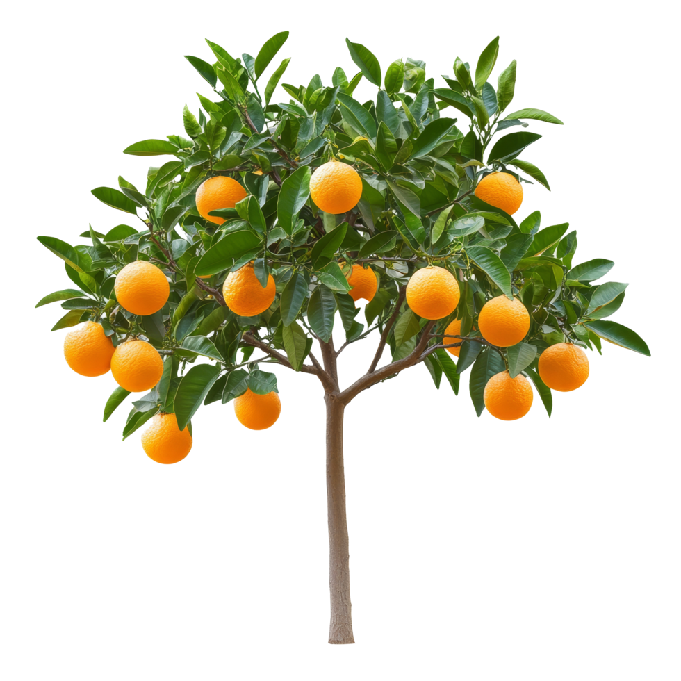 A branch from an orange tree displays ripe oranges, emphasizing the tree's lush foliage and vibrant fruit, branch of orange tree with fruits on transparent background png