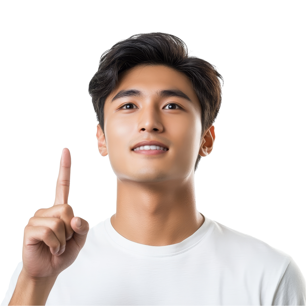 A young Asian man smiles and points upward, showcasing excitement and positivity in a bright indoor setting, Attractive young smart Asian man pointing up with his finger transparent background png