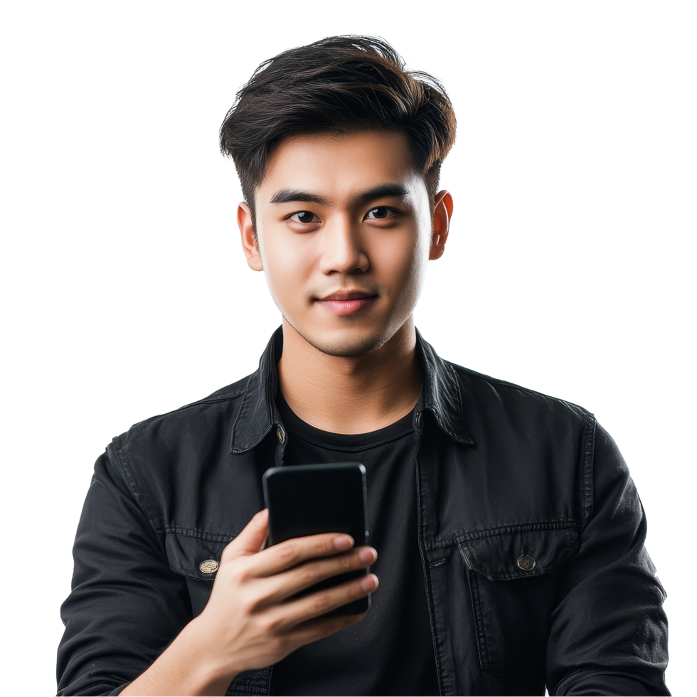 A young Asian man dressed casually engages with his smartphone, focused and relaxed against a simple backdrop, Attractive young smart Asian man using mobile smart phone transparent background png