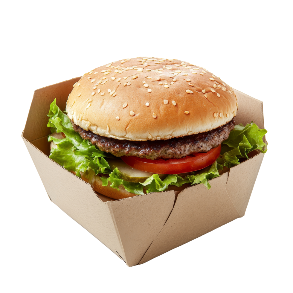 A mouthwatering burger with lettuce and tomato inside a brown paper box on a clean transparent background, burger fast food in brown paper box on transparent background png
