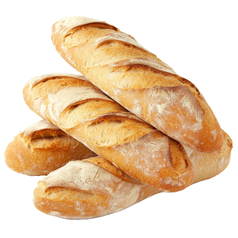 A stack of freshly baked baguettes resting on a clean surface, highlighting their golden crust and soft texture, baguette bread group stack isolated transparent background png