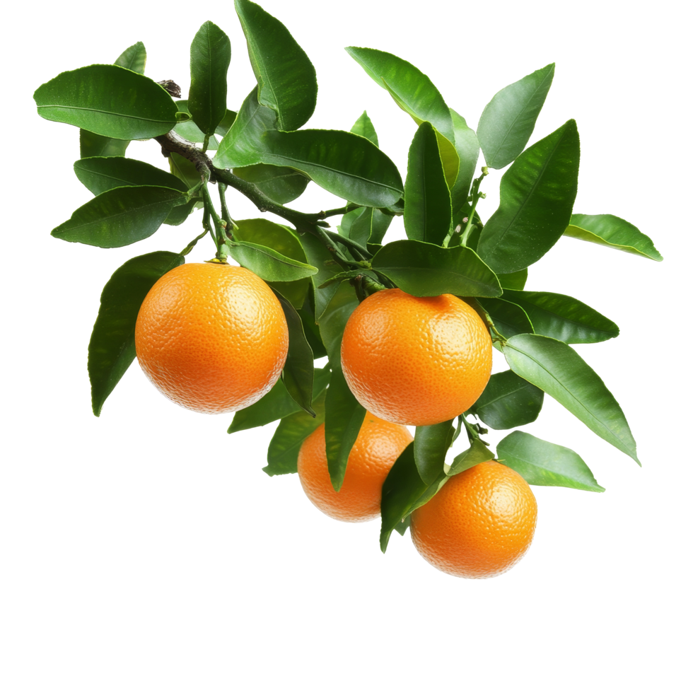 A branch with ripe oranges and green leaves contrasts beautifully against a transparent background, showcasing freshness, branch of orange tree with fruits on transparent background png