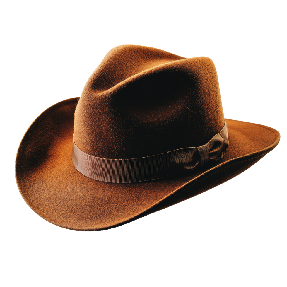 A classic brown fedora cowboy hat sits alone against a plain transparent background, ideal for western attire or costume use, classic brown fedora cowbow hat on transparent background png