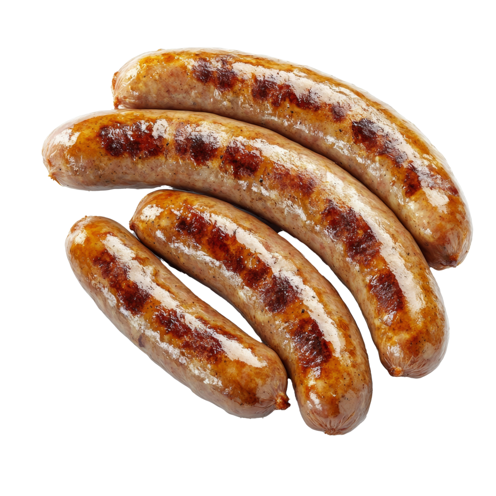 Four perfectly cooked bratwurst sausages showcase their juicy texture and rich, savory flavor, bratwurst sausages isolated png