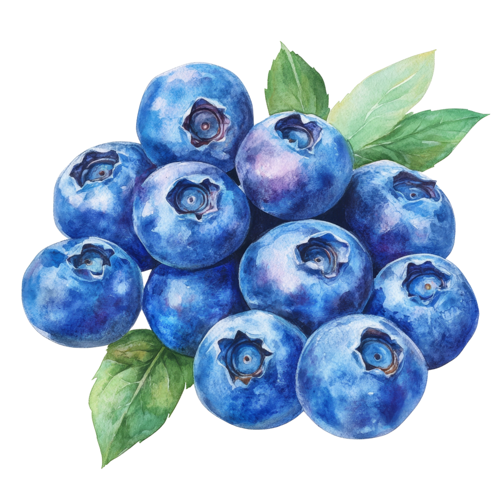 This artwork showcases a cluster of fresh blueberries surrounded by leafy green accents in watercolor, blueberries in drawing on transparent background png