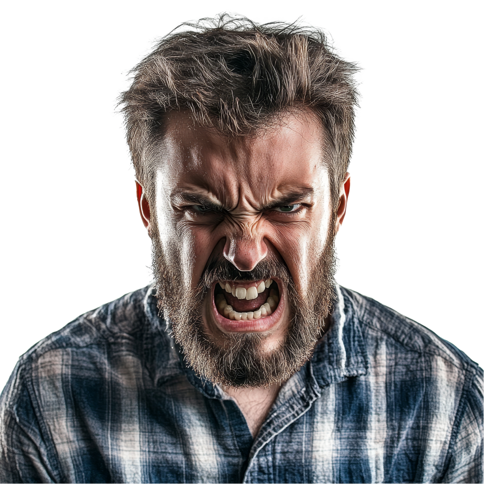 A frustrated man with a beard shows his anger while standing against a transparent background, revealing strong emotions, angry man on transparent background png