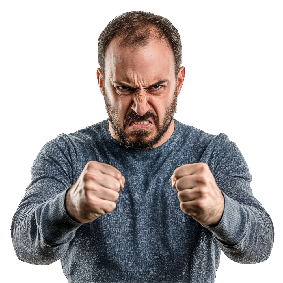 A man is showing anger with his fists clenched and a fierce expression, isolated against a plain backdrop, angry man on transparent background png