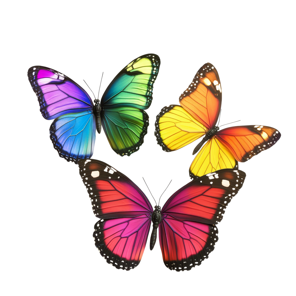 Three stunning butterflies in vivid colors rest gracefully, showcasing their intricate patterns and brilliance, beautiful rainbow colored butterflys on transparent background png