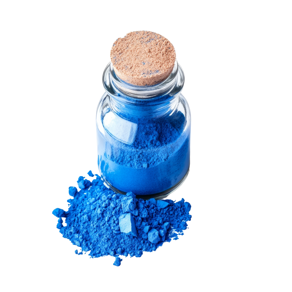 Bright blue pigment powder spills from a glass bottle, showcasing its vibrant color against a clean surface, blue pigment powder with glass bottle isolated transparent background png