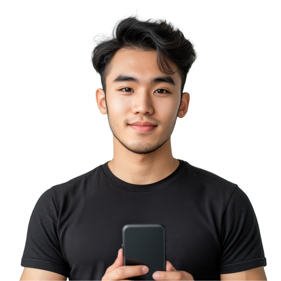 A young Asian man is focused on his mobile smart device while standing in a well-lit room, Attractive young smart Asian man using mobile smart phone transparent background png