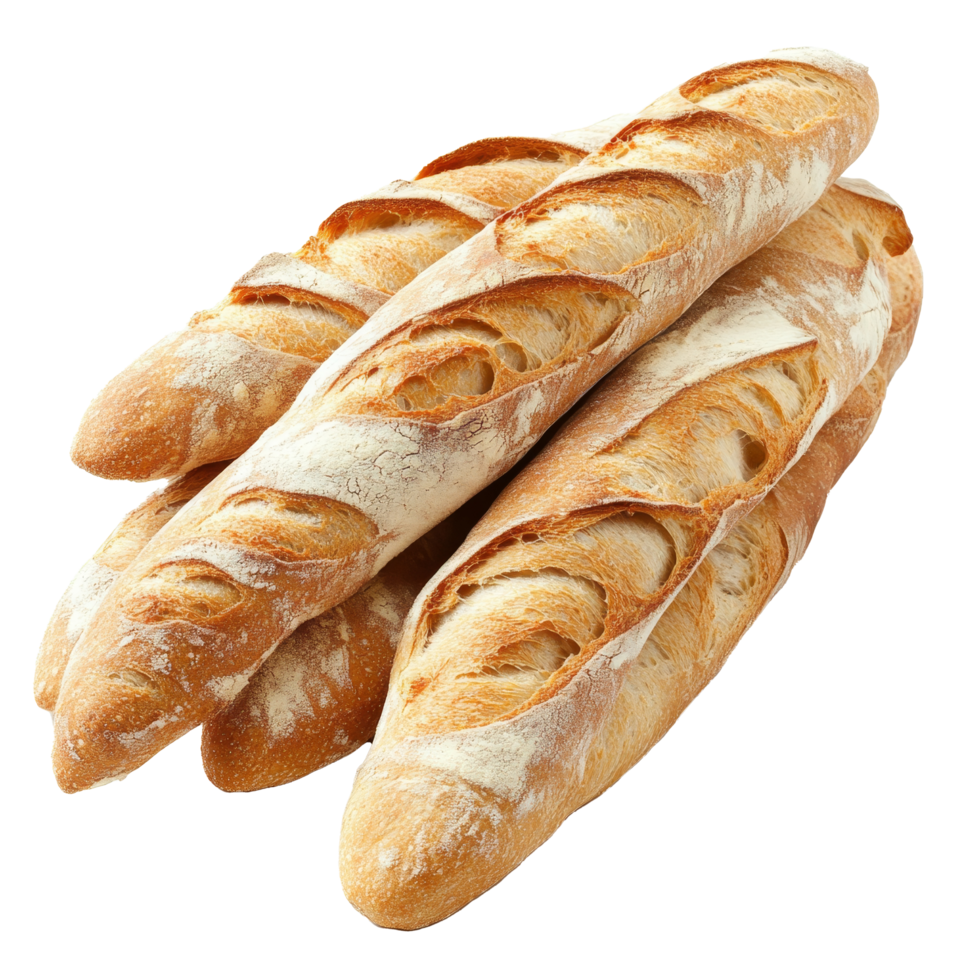 A group of freshly baked baguettes stacked neatly, showcasing their golden crusts and airy texture on a backdrop, baguette bread group stack isolated transparent background png