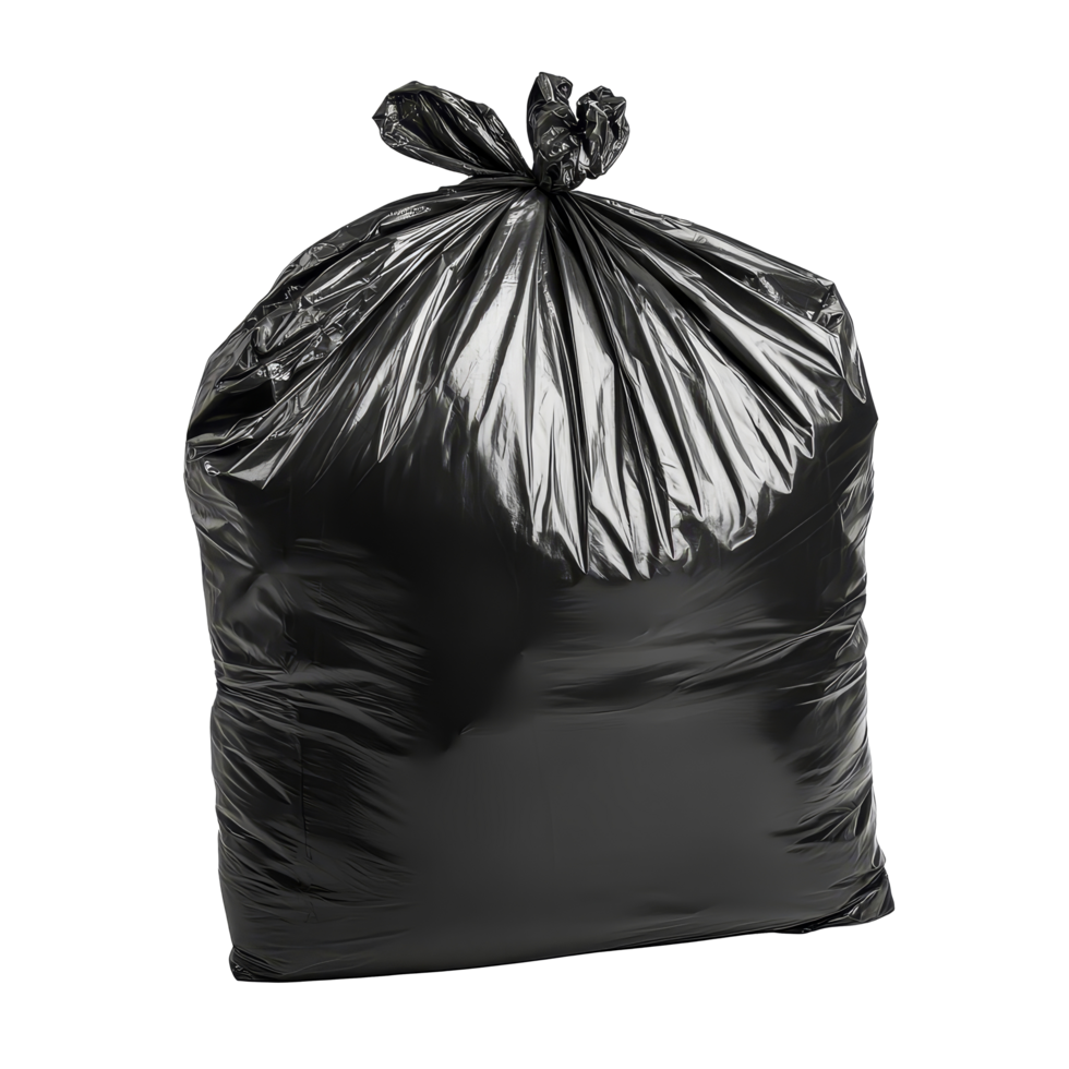 A black trash bag on a transparent background symbolizes effective waste management and disposal solutions, black plastic trash bag on transparent background png