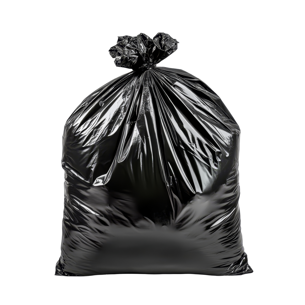 A black trash bag is tightly closed, containing waste, positioned on a plain transparent background for clarity, black plastic trash bag on transparent background png