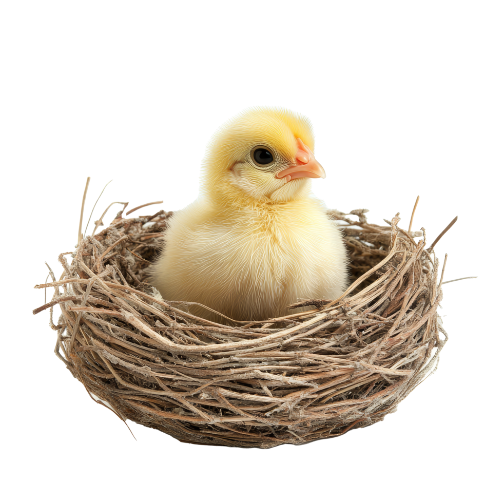 A fluffy baby chicken rests in a nest, surrounded by natural twigs, under soft lighting against a transparent background, baby chicken in nest on transparent background png