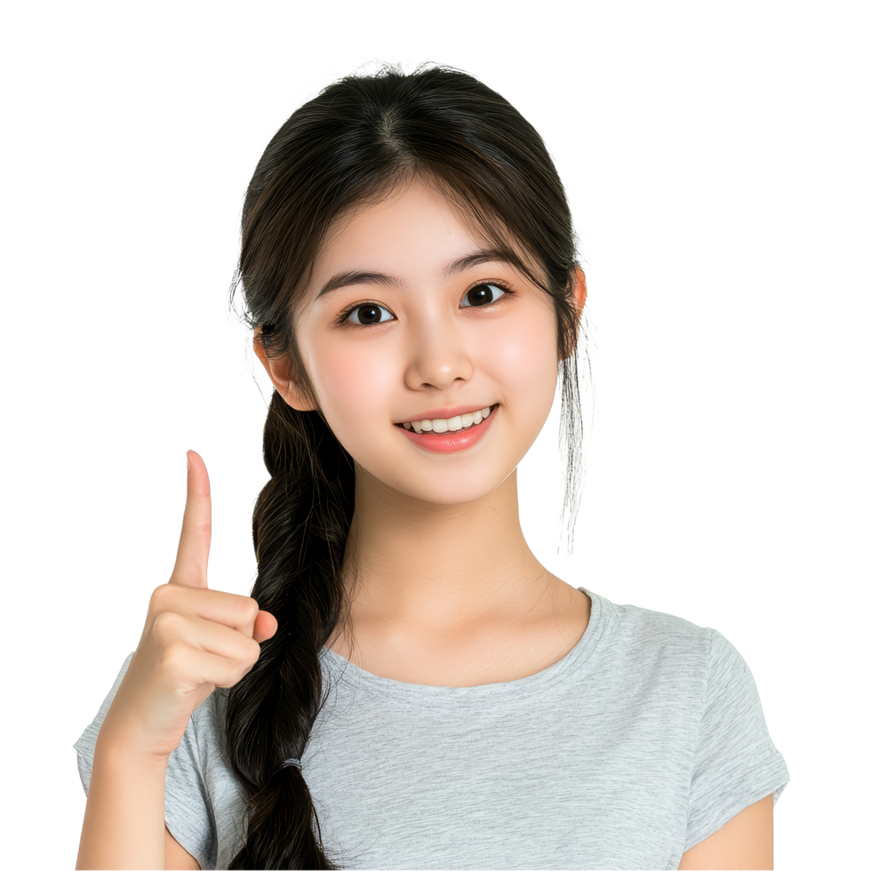 A cheerful Asian girl with a braid joyfully points her finger to the side, showcasing excitement and enthusiasm, Asian pretty girl pointing finger to the sideon transparent background png
