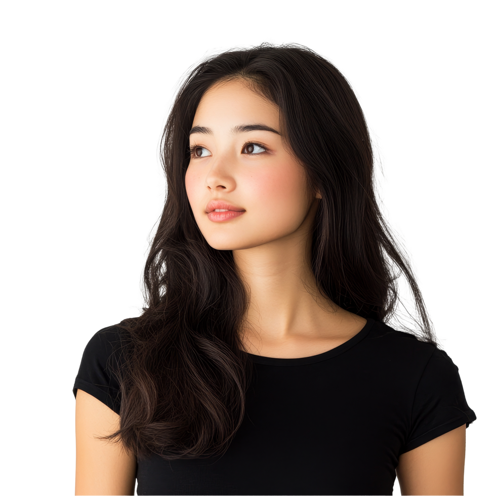 A young Asian woman stands elegantly, exuding confidence with a soft expression against a simple backdrop, beautiful asian woman on transparent background png