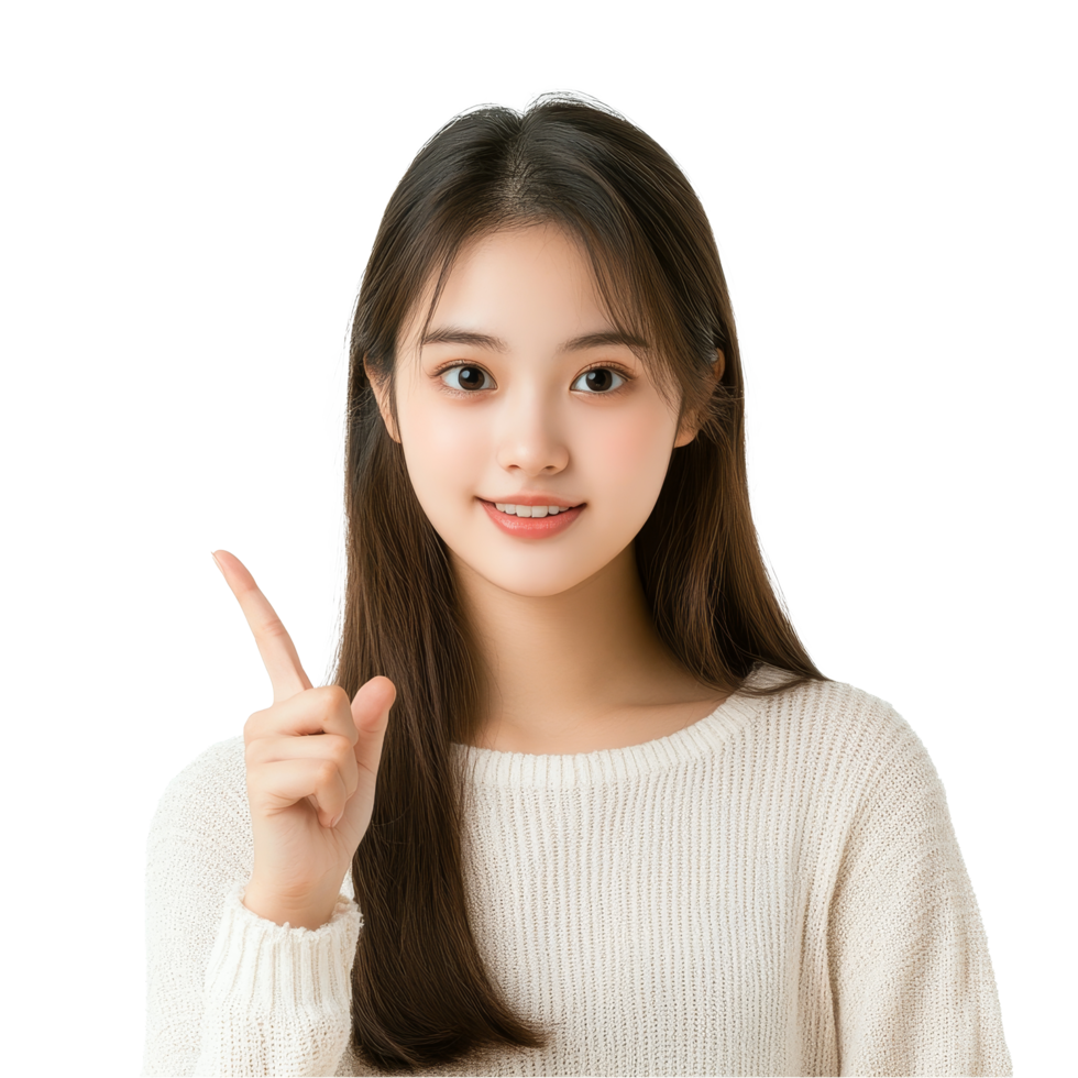 A pretty girl with long hair smiles and gestures to the side with her finger, showcasing a cheerful demeanor, Asian pretty girl pointing finger to the sideon transparent background png