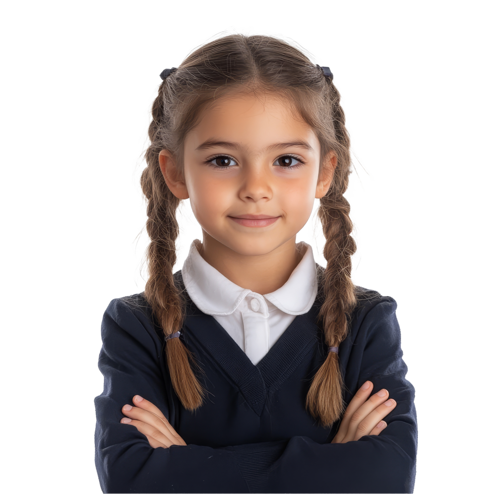 A confident girl in a school uniform with braided hair stands with arms crossed against a bright backdrop, beautiful young school girl on transparent background png