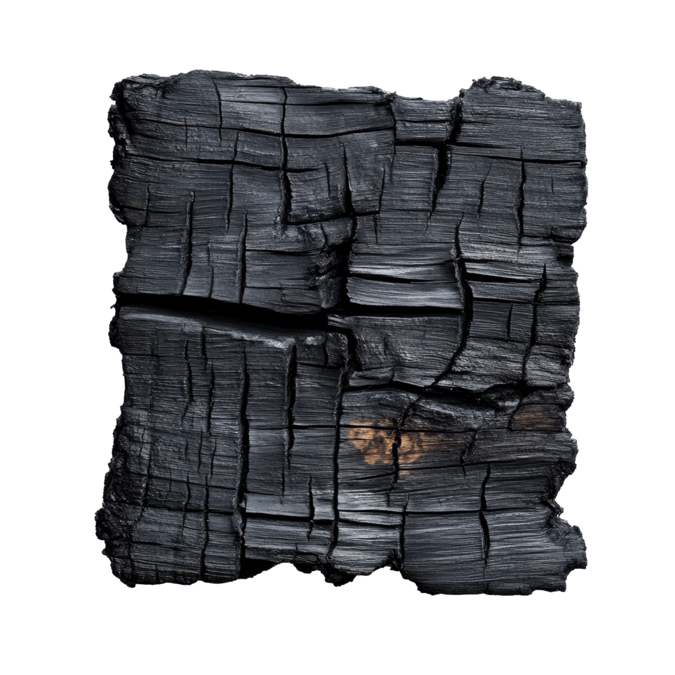 Charred wood shows intricate textures from burning, contrasting strikingly with the transparent background, burned black wood on transparent background png
