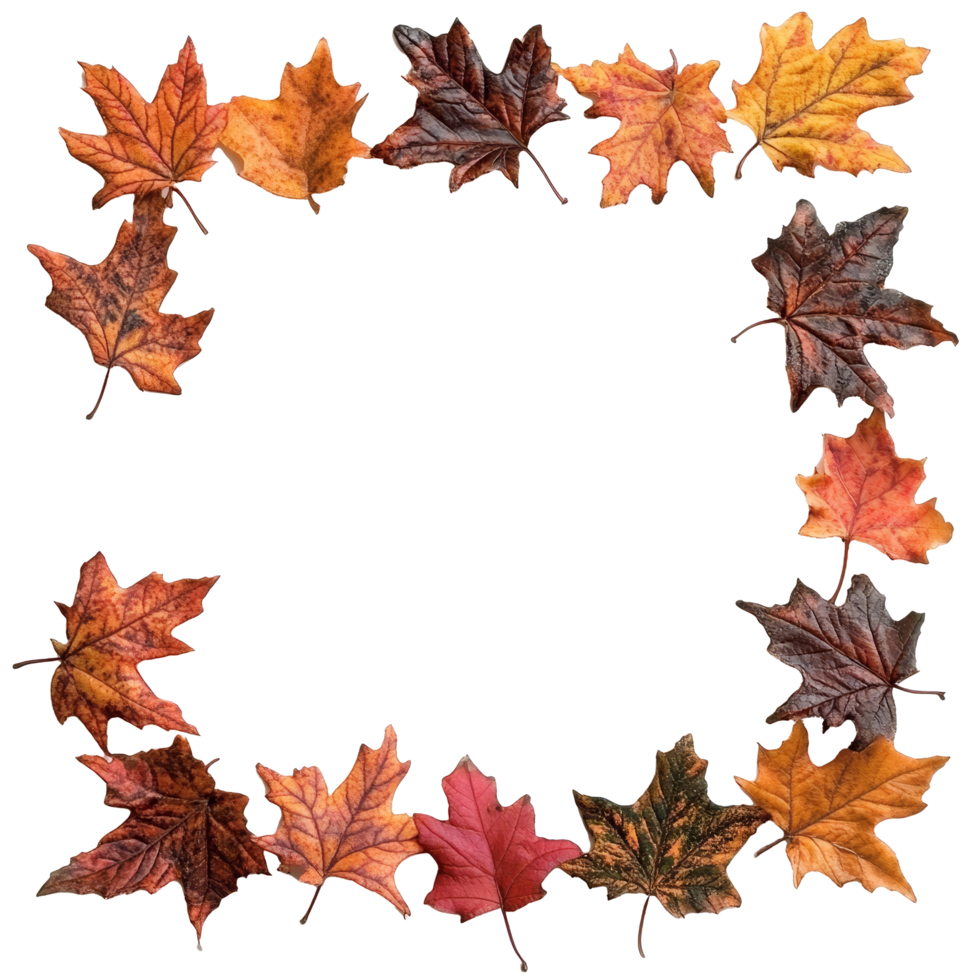 A decorative border formed by various autumn leaves, celebrating the rich colors of fall against a clean backdrop, autumn leaf frame border on transparent background png