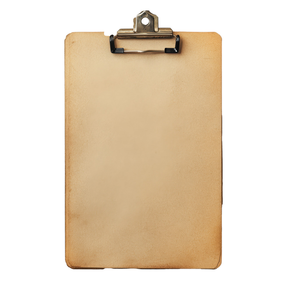 A brown clipboard features a clip at the top for securely holding papers in a minimalist workspace environment, Brown clipboard with clip at the top for papers png