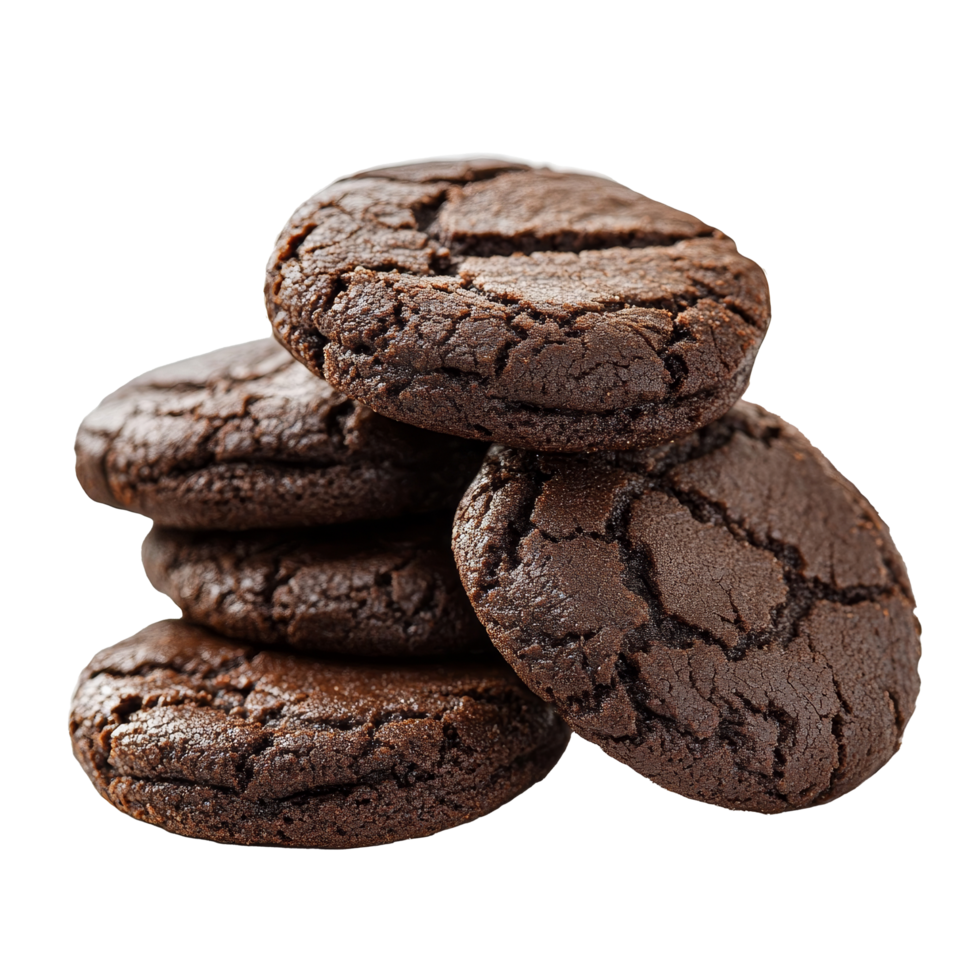 A tempting assortment of freshly baked chocolate cookies stacked elegantly against a plain backdrop, chocolate cookies on transparent background png