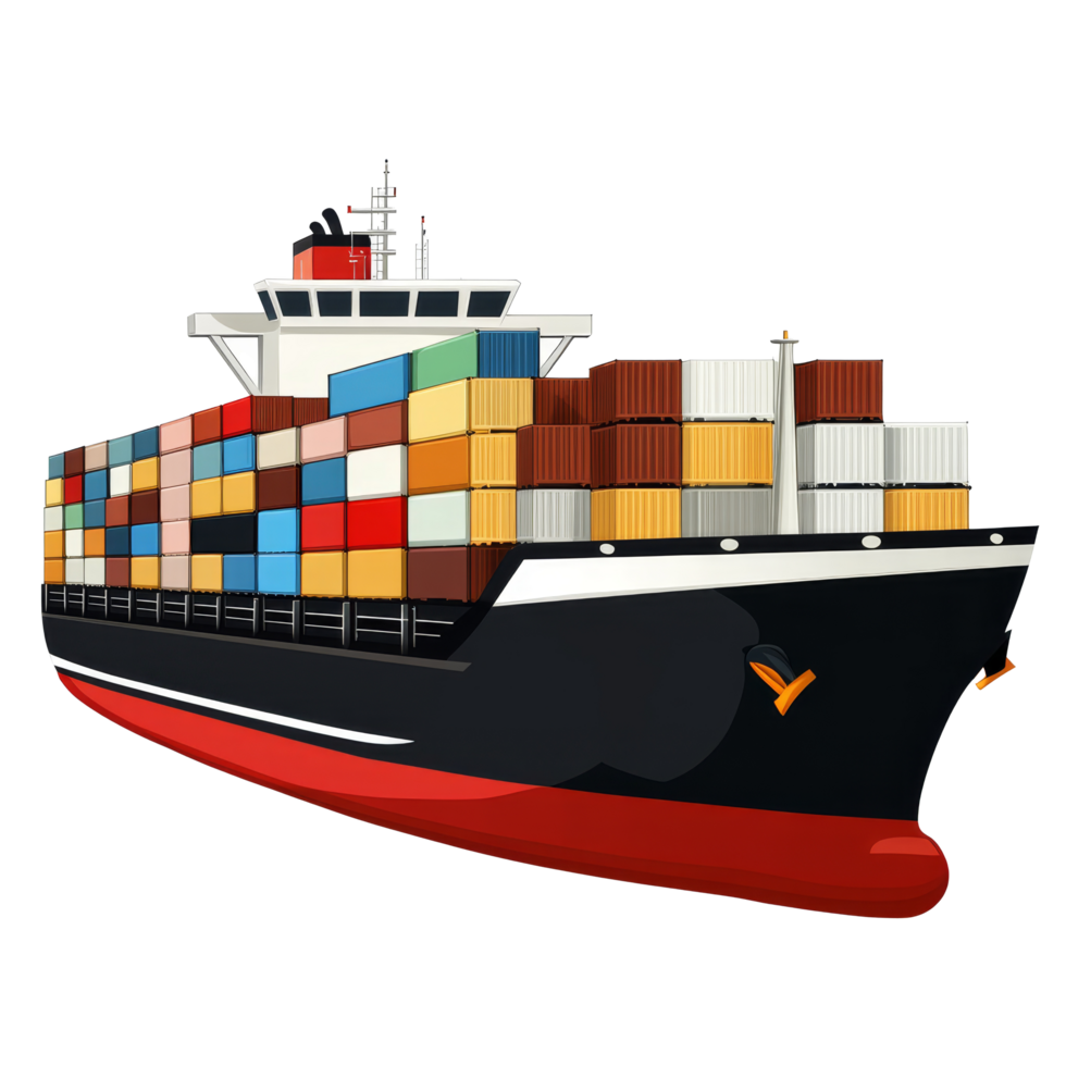 A vibrant cargo container ship is loaded with various containers, sailing over calm waters in broad daylight, cargo container ship illustrationon transparent background png