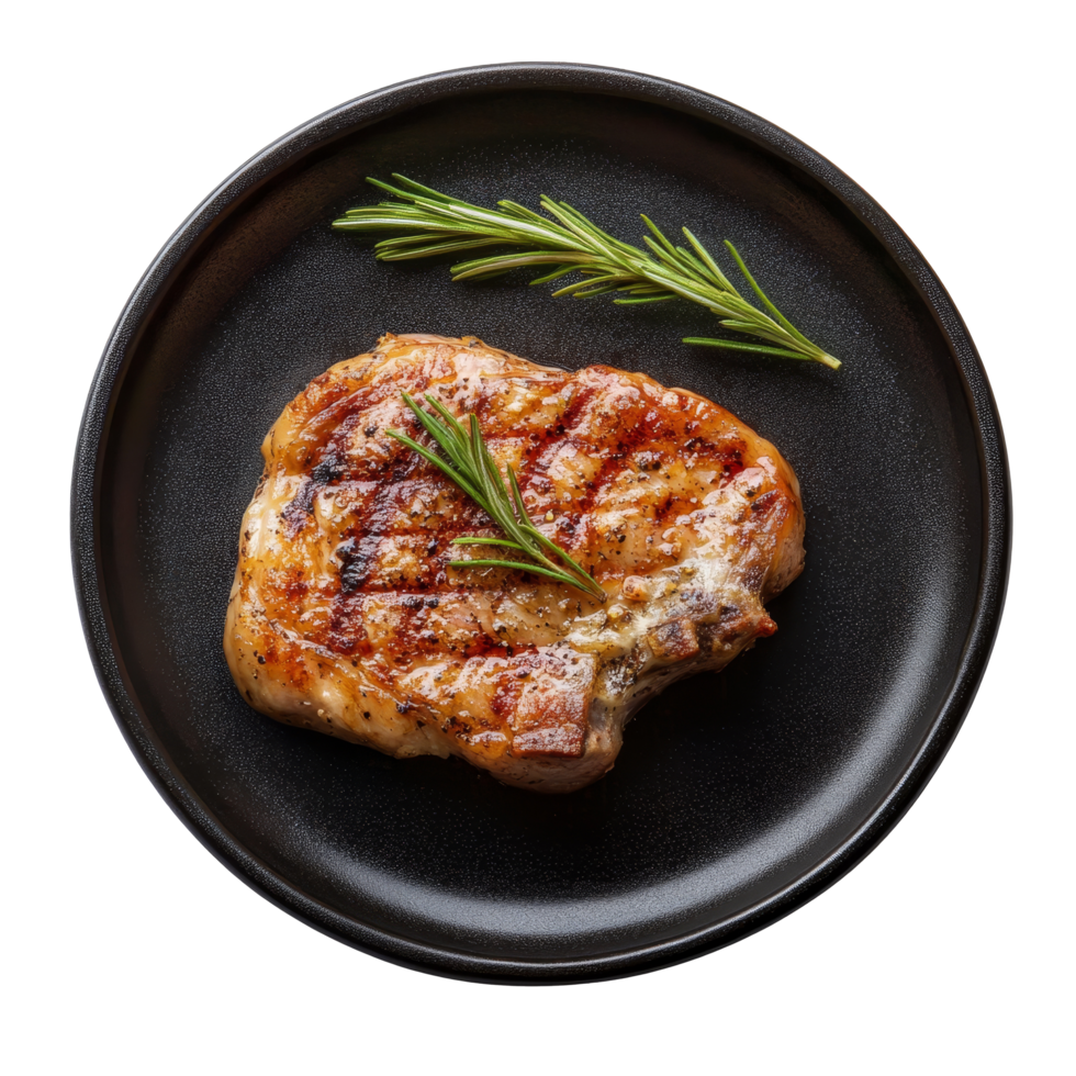 Juicy grilled chicken steak with rosemary served on a black plate, highlighting the dish's vibrant colors and textures, chicken steak on black plate on transparent background png
