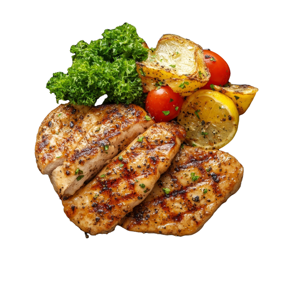 Delicious grilled chicken steak accompanied by fresh vegetables on a sleek black plate, perfect for a healthy meal, chicken steak on black plate on transparent background png