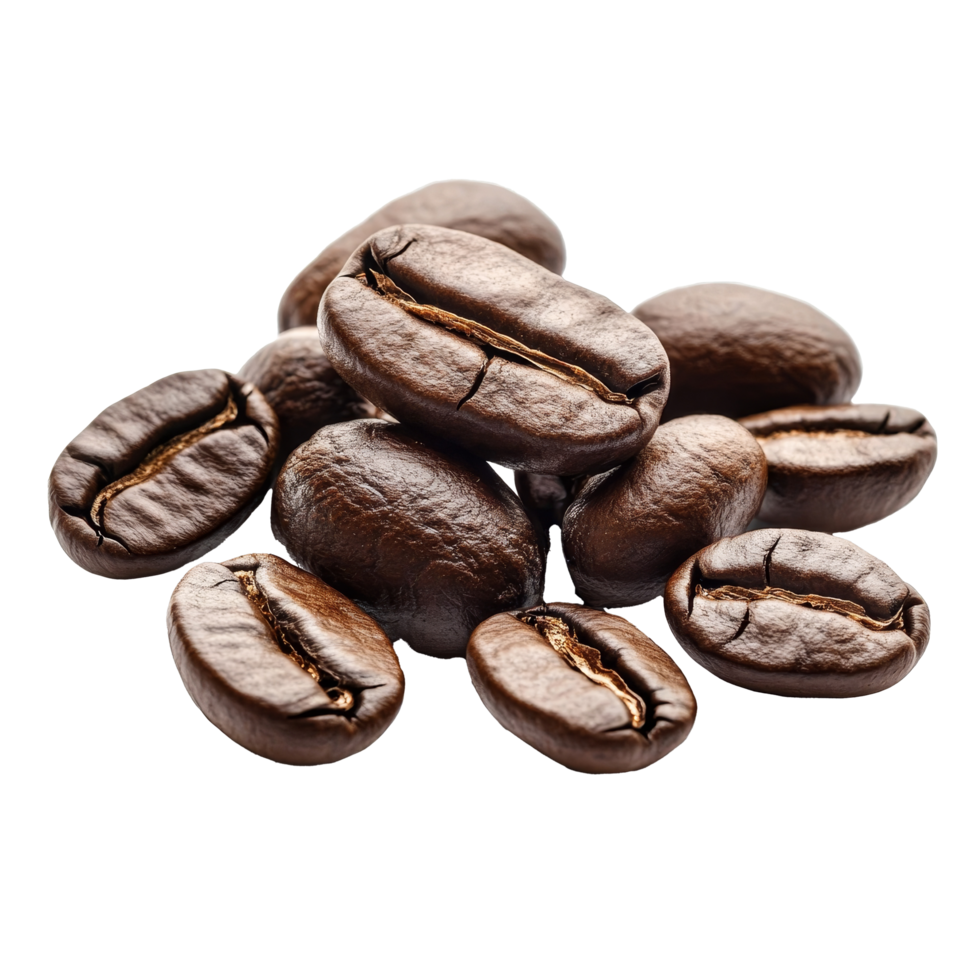 A collection of dark roasted coffee beans on a transparent background showcases their glossy surfaces and unique shapes, coffee beans on transparent background png