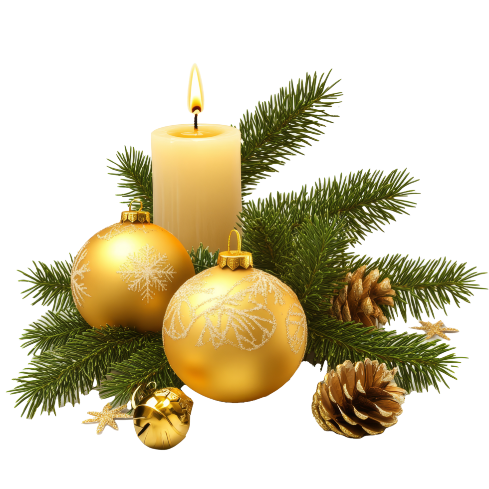Golden Christmas balls and a glowing candle nestled among fresh fir branches evoke a cozy holiday spirit, christmas balls decoration with fir branch and candle isolated transparent background png