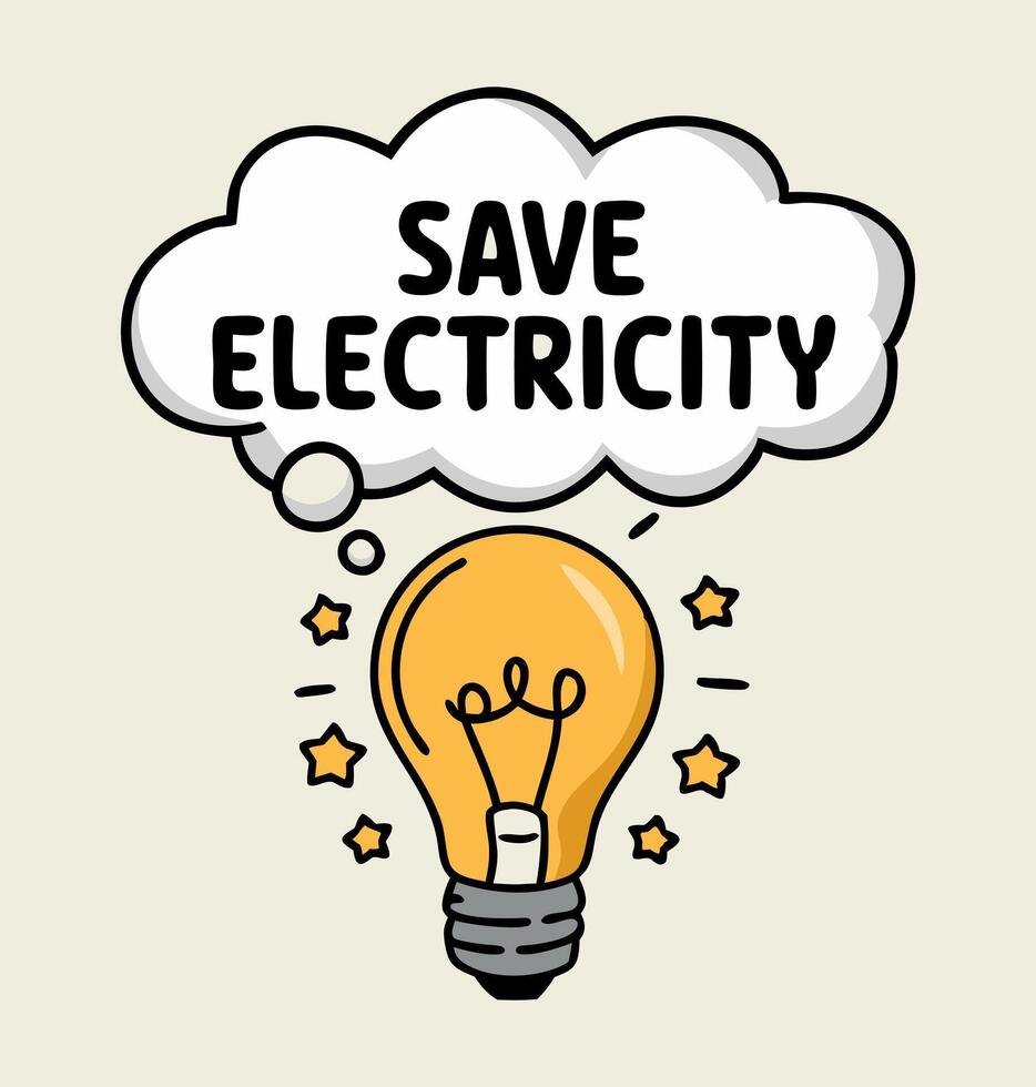 Illustration of a light bulb with a thought bubble that says Save electricity. vector
