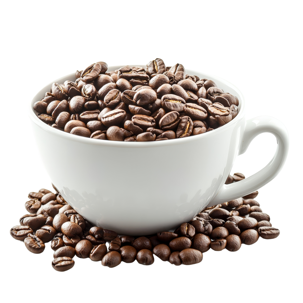 A large cup overflowing with roasted coffee beans against a pristine backdrop, highlighting its rich aroma, coffee beans in cup on transparent background png