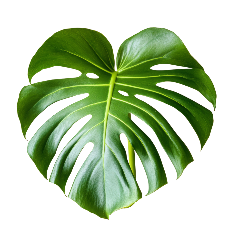A close-up highlights the vibrant green and intricate cutouts of a Monstera deliciosa leaf against a light backdrop, Close up of Monstera deliciosa leafon transparent background png