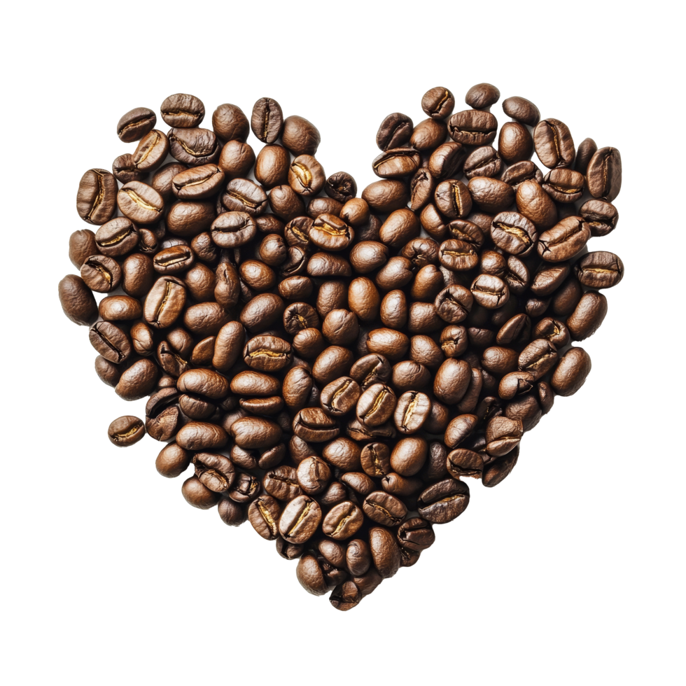 A heart shape made from coffee beans is set against a clean transparent background, symbolizing love for coffee, coffee beans in heart shape on transparent background png