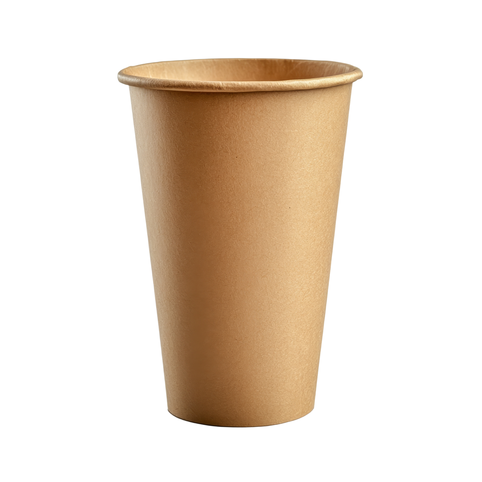 A solitary brown paper cup stands upright on a transparent background, ideal for serving drinks or takeaway items, Empty brown paper cup on transparent background png