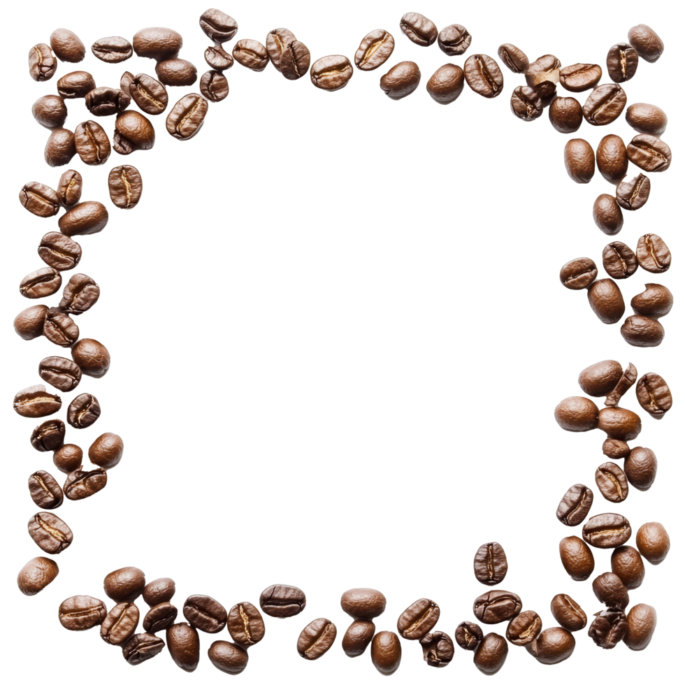 Coffee beans arranged in a framed layout on a clean transparent background create a visual focus for culinary designs, coffee beans frame on transparent background png