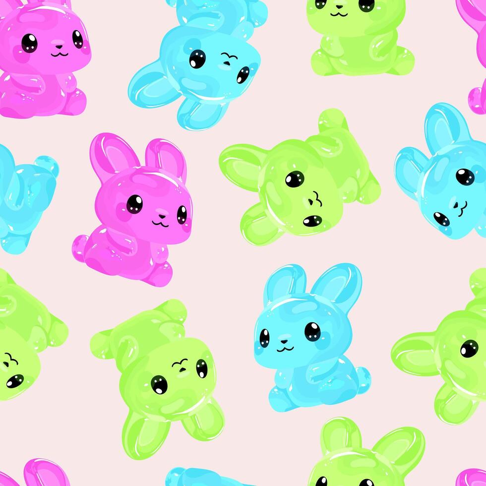 seamless pattern with colorful gummy rabbits on light pink background vector