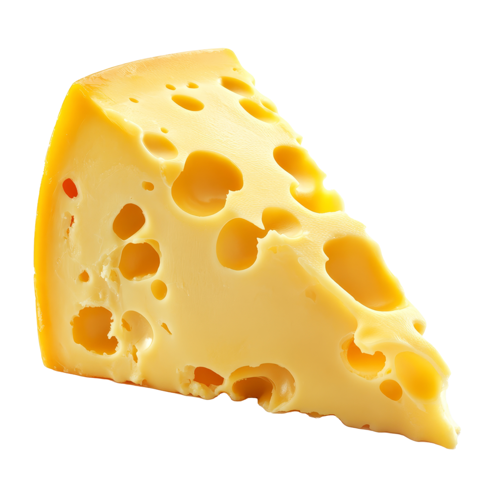 A textured cheese wedge with holes pops against a smooth transparent background, making for a vibrant display, cheese on transparent background png