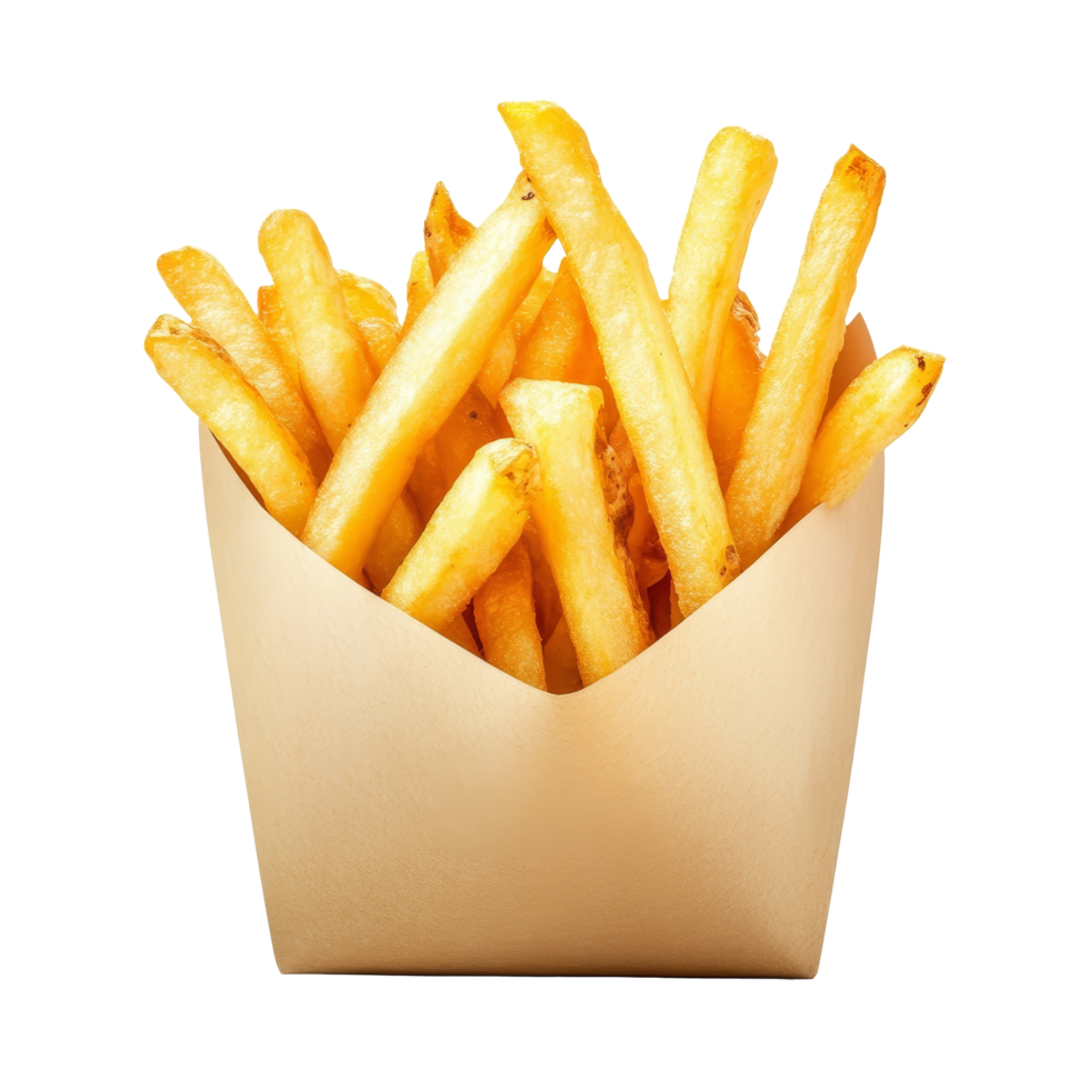A serving of crispy french fries is presented in a brown paper container, highlighting their golden, inviting texture, french friesfried potatoes on transparent background png