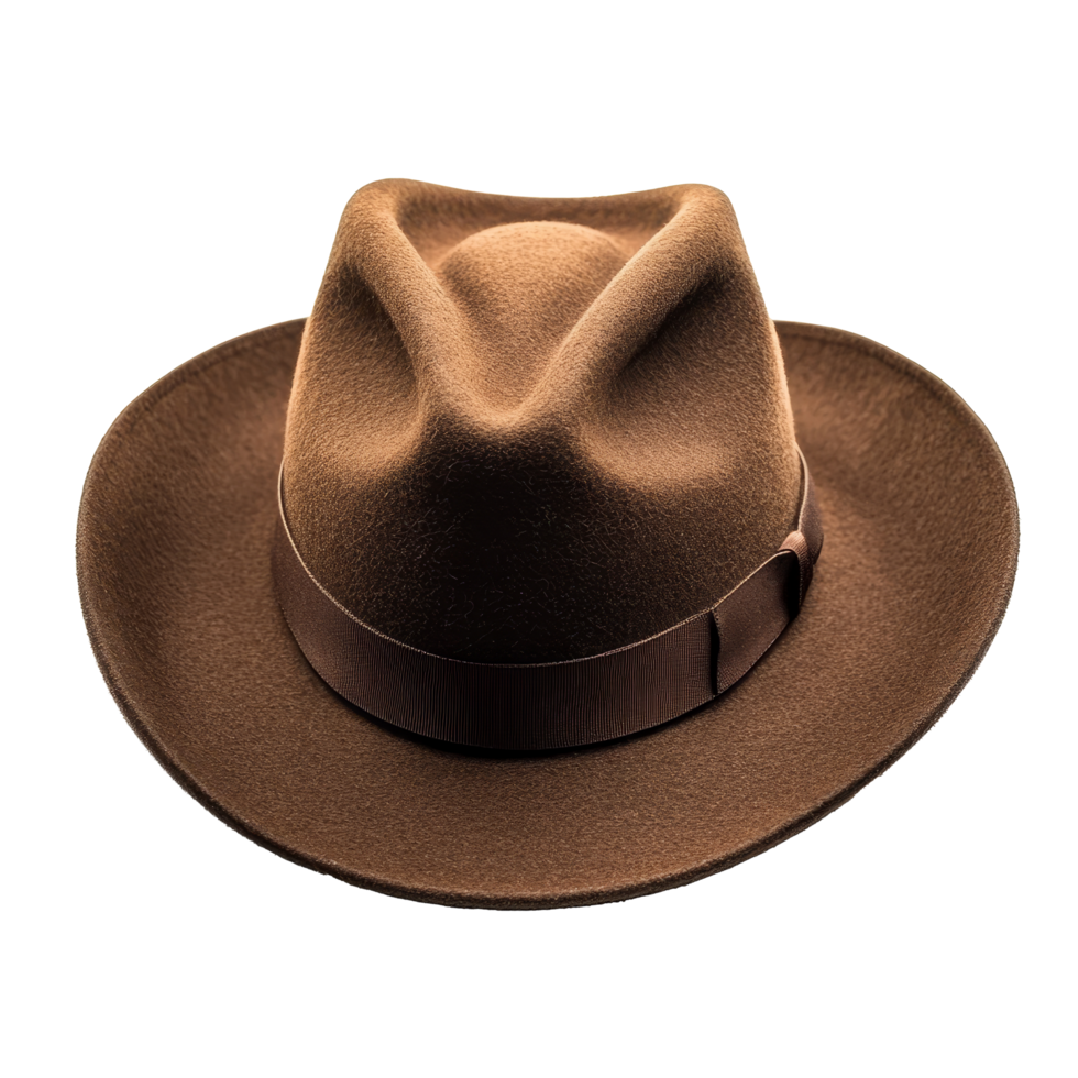 A classic brown fedora cowboy hat stands out against a transparent background, showcasing its unique shape and details, classic brown fedora cowbow hat on transparent background png
