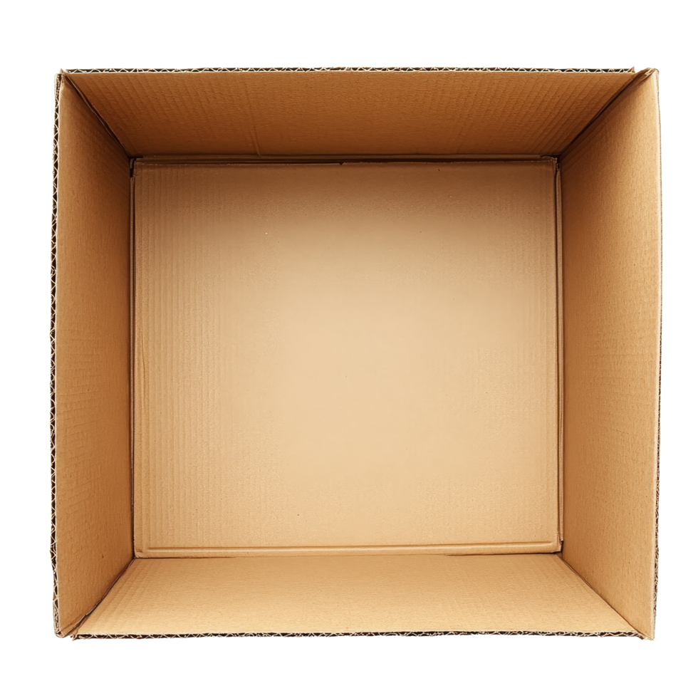 An open cardboard box awaits items for shipping, showcasing its size in a minimalistic setting, empty open cardboard box for shipping on transparent background png