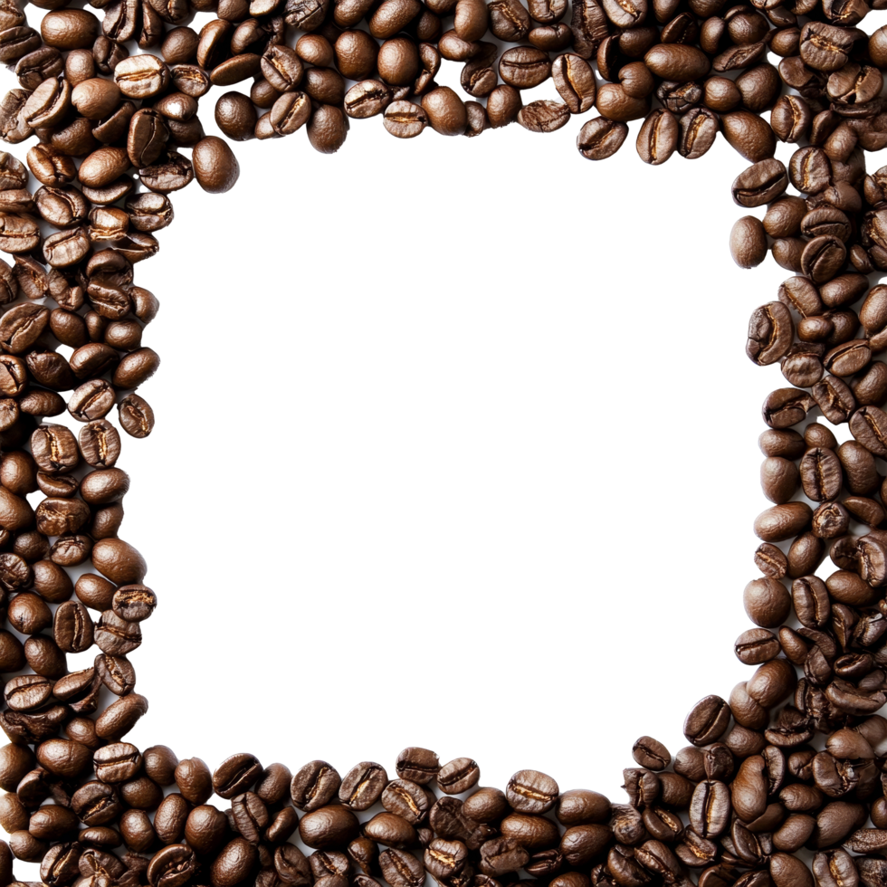 A decorative arrangement of coffee beans forms a square frame on a clean transparent background for design use, coffee beans frame isolated transparent background png