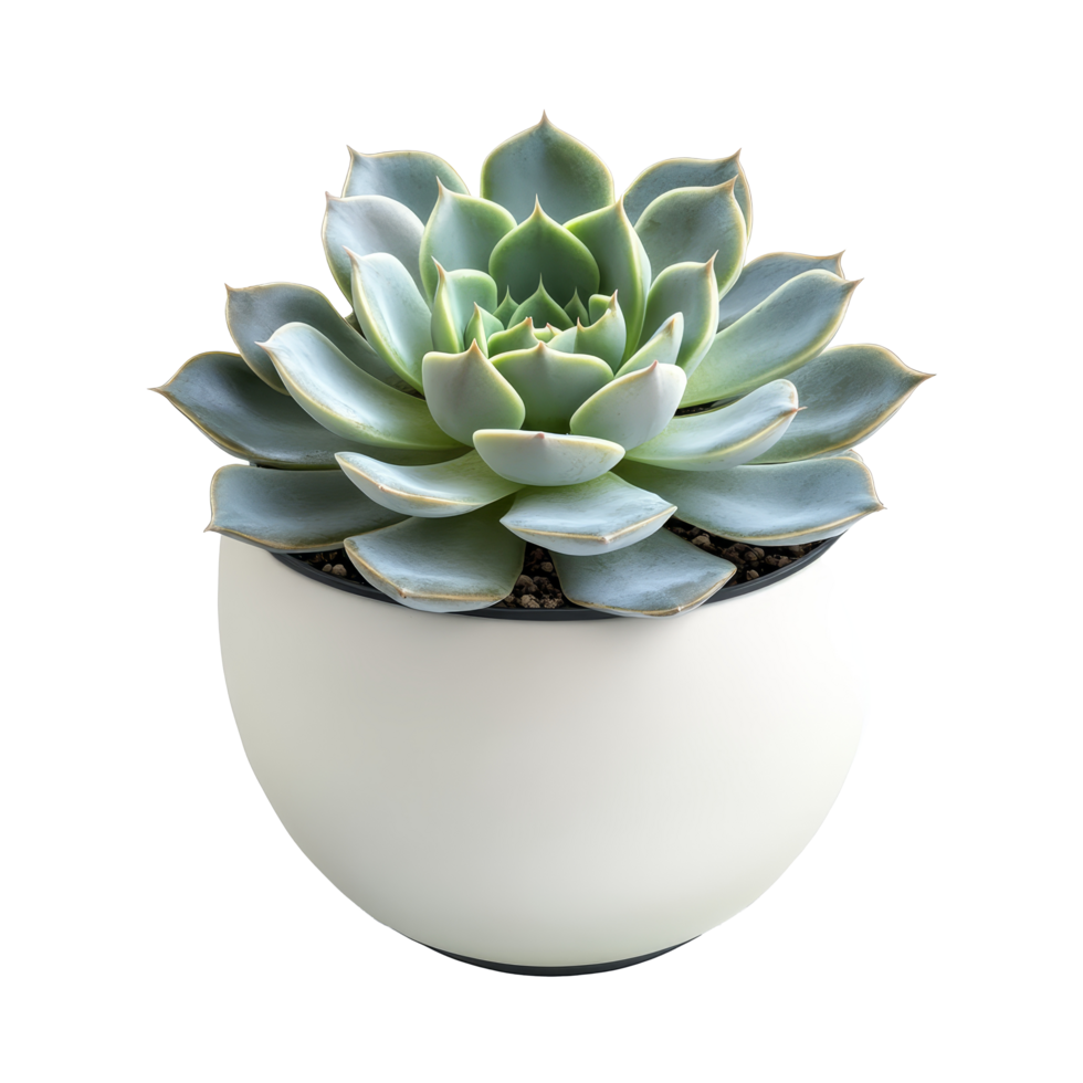 A vibrant succulent plant with green and gray leaves is displayed in a minimalist vase, highlighting its unique details, Close up of succulent plant in vase on transparent background png