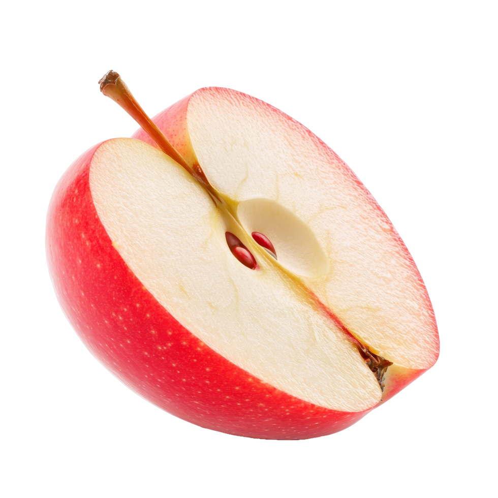 A half-sliced red apple reveals its flesh and seeds on a clean transparent background, showcasing its freshness, half sliced apple on transparent background png