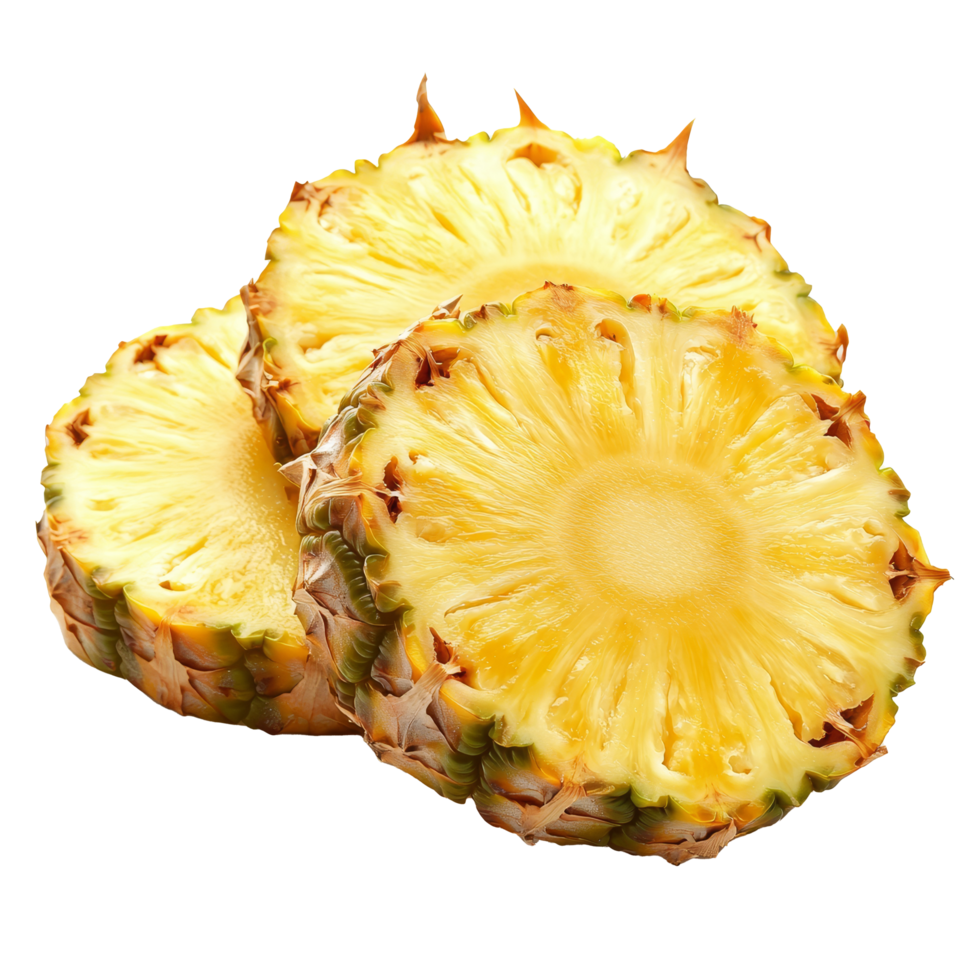 Ripe pineapple slices are artfully arranged on a clean backdrop, showcasing their juicy texture, cut pineapple ananas slices on transparent background png