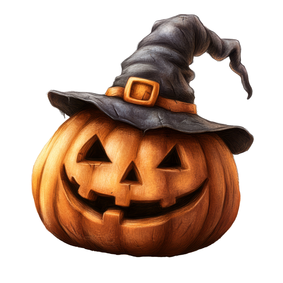 A cheerful Halloween pumpkin dons a witch hat, adding charm to festive decorations and autumn festivities, Halloween pumpkin wearing witch hat, clipart on transparent background png