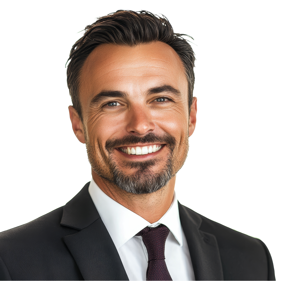 A confident businessman with a warm smile poses against a transparent background, exuding success and approachability, confident smiling business man on transparent background png