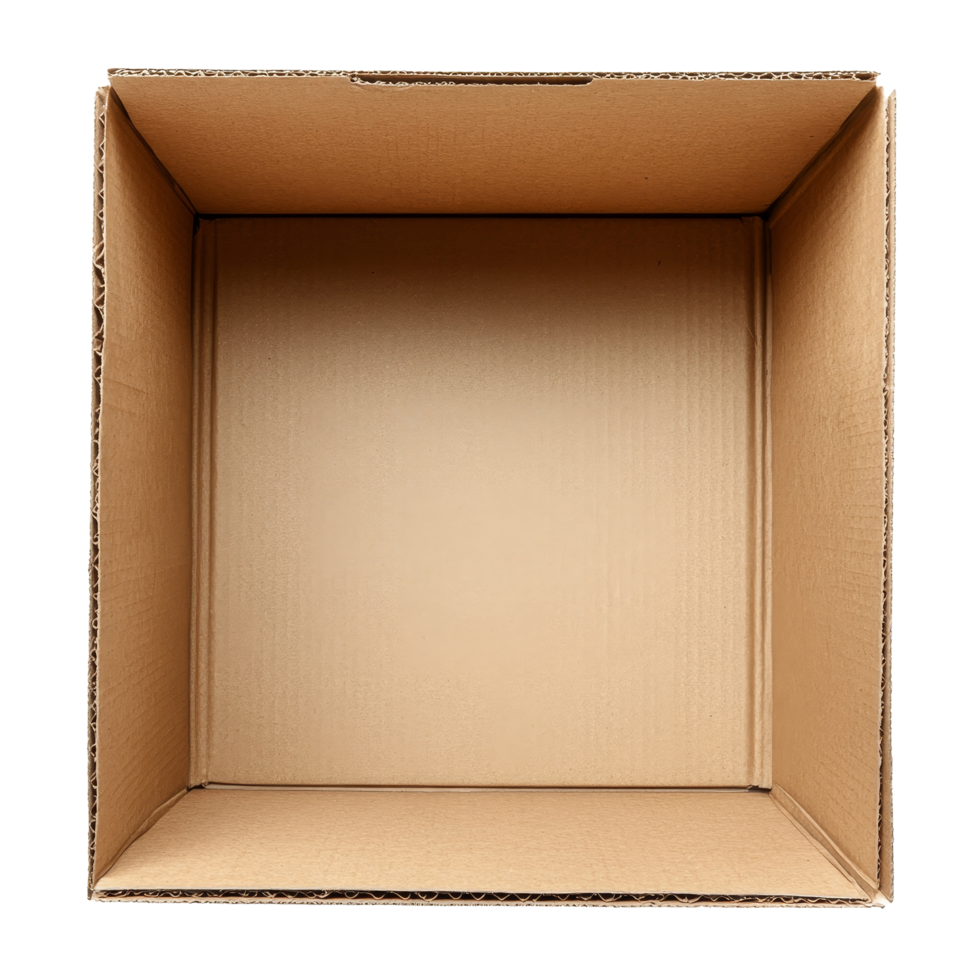 An empty cardboard box is positioned alone against a backdrop, ideal for packing items for shipping, empty open cardboard box for shipping on transparent background png