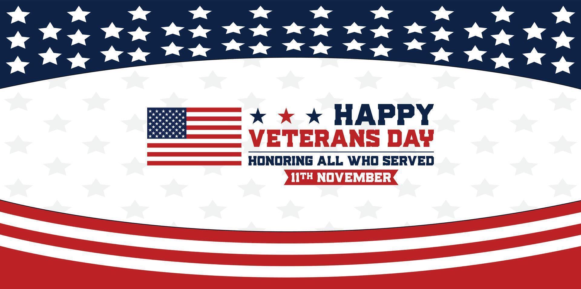 USA Veterans Day, Honoring all who served, 11th November. banner design template with American flag background vector